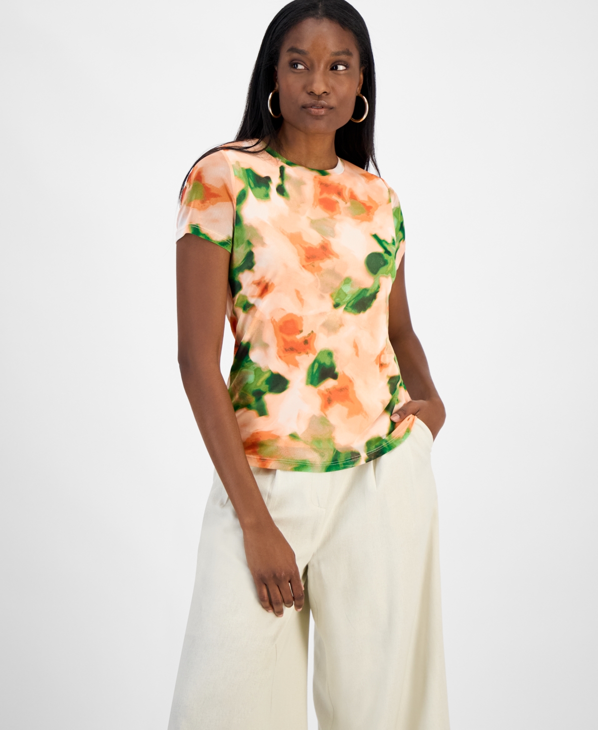 Women's Short-Sleeve Watercolor Mesh Top, Exclusively at Macy's - Terra Clay Multi