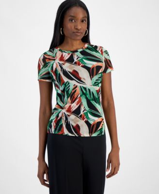 Bar III - Women's Palm Print Short-Sleeve Mesh Top