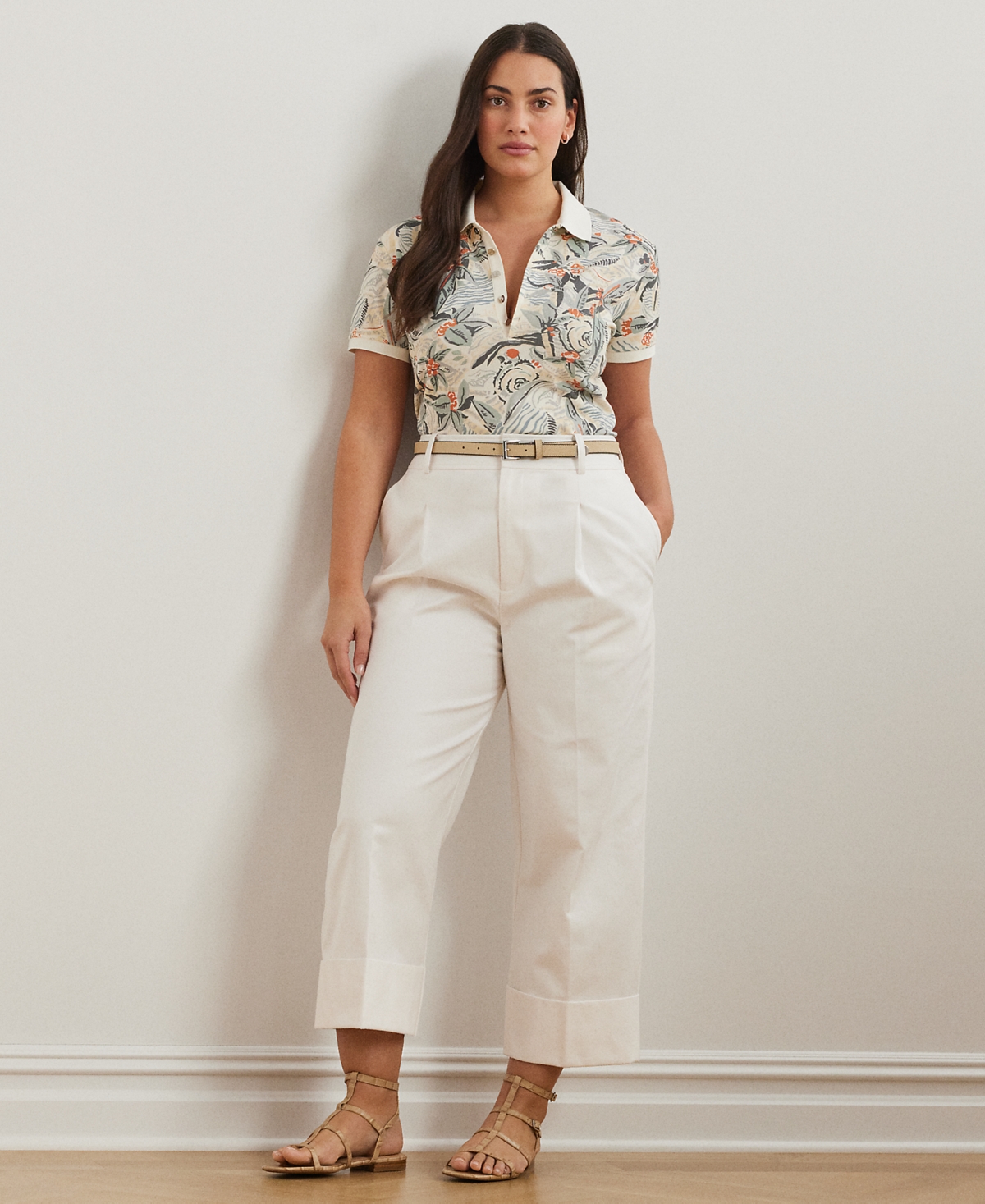 Shop Ralph Lauren Plus Size Print Stretch Pique Polo Shirt In Cream Multi