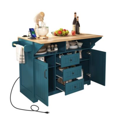 Large 55.7" Kitchen Island with Drop Leaf, Rolling Cart on 5 Wheels with Power Outlet, Folding Storage Dining Table