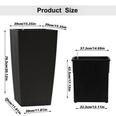Large Black Faux Rattan Planter with Self-Watering System