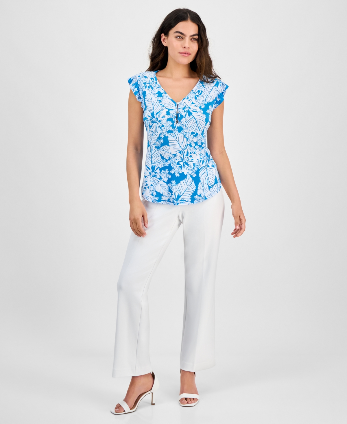 Shop Ak Anne Klein Petite Printed V-neck Ruffle-sleeve Blouse