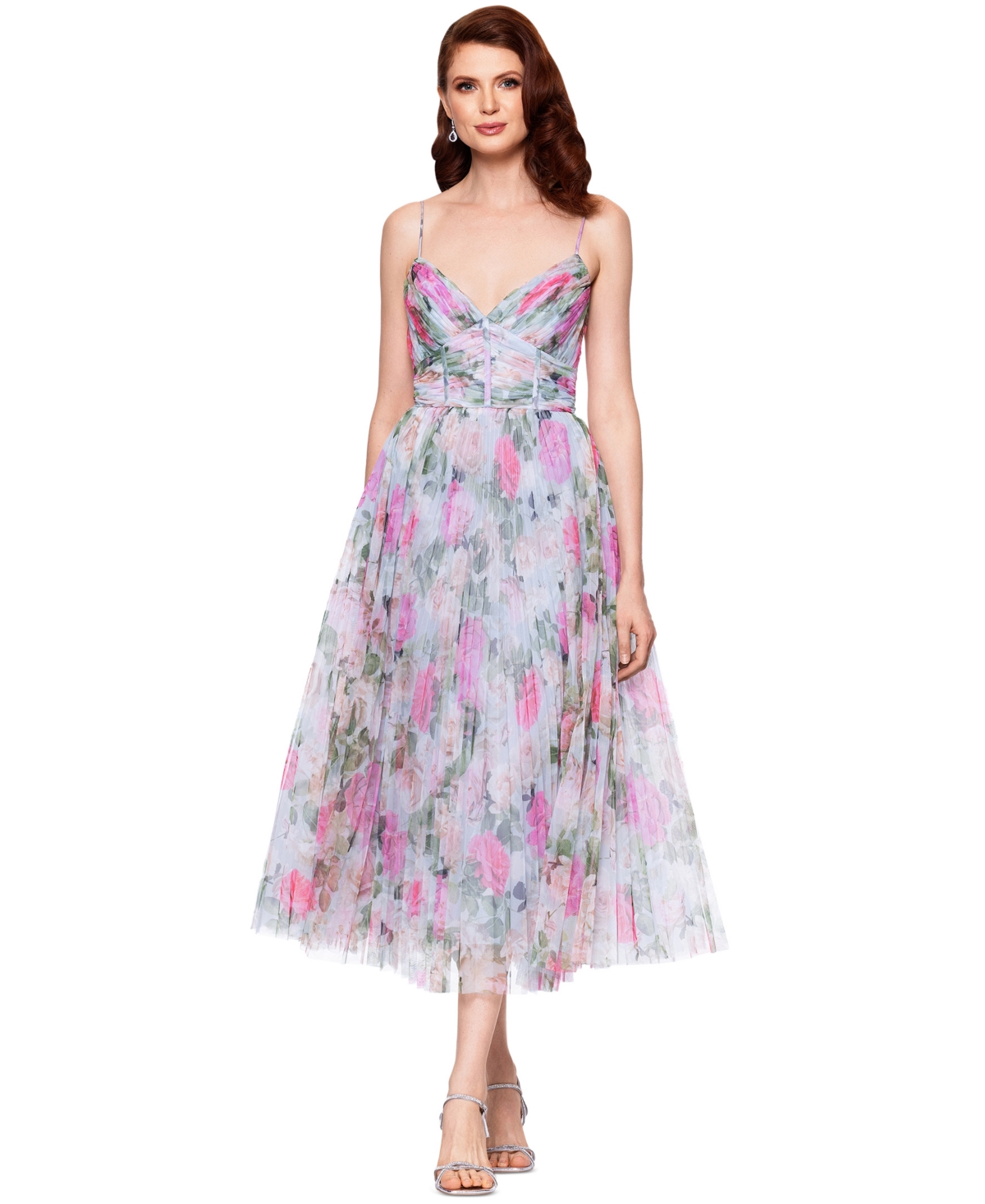 BETSY & ADAM WOMEN'S PLEATED FLORAL PRINT CHIFFON MIDI DRESS 