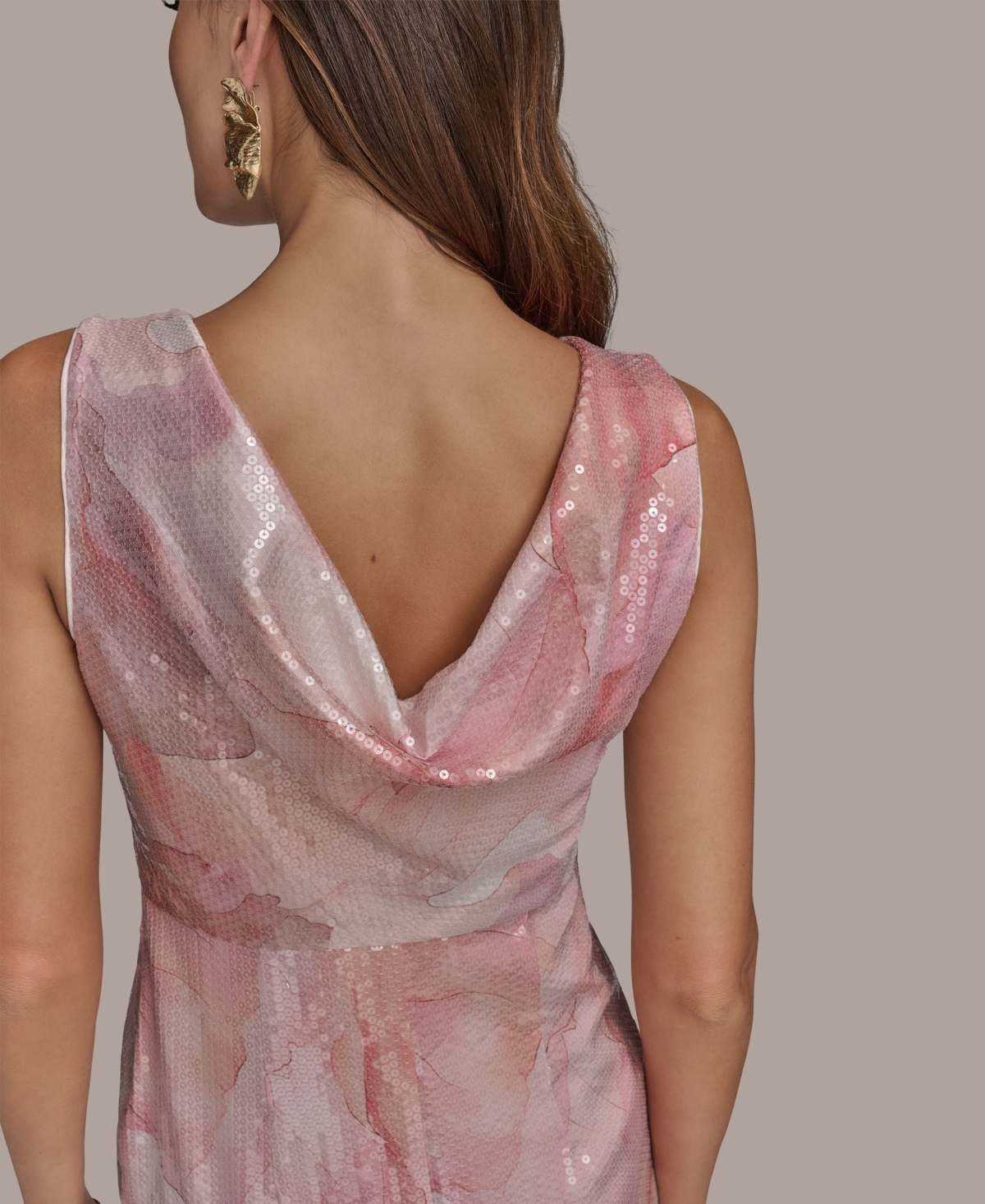 Donna Karan Sequined Cowl Back Dress In Apricot Multi