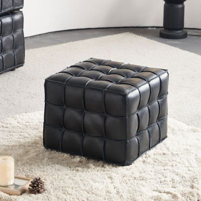 17.32"W Genuine Leather Tufted Ottoman,Footstool for Living Room & Bedroom,Black Color