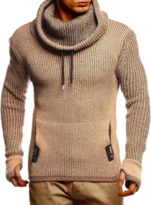 Men's Cowl Neck Knitted Pullover with Thumbhole Cuffs