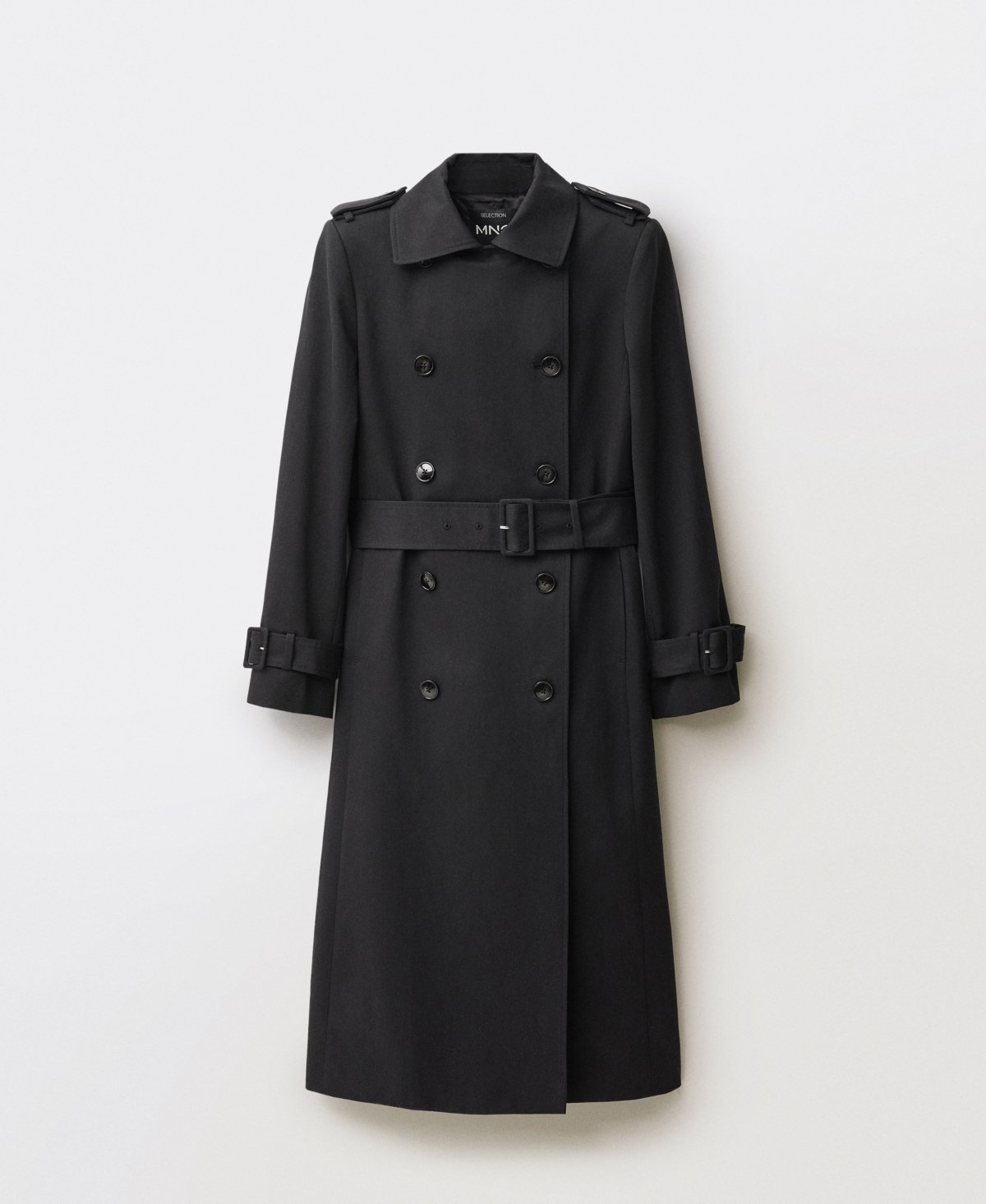 Mango Belted Double Breasted Trench Coat In Black