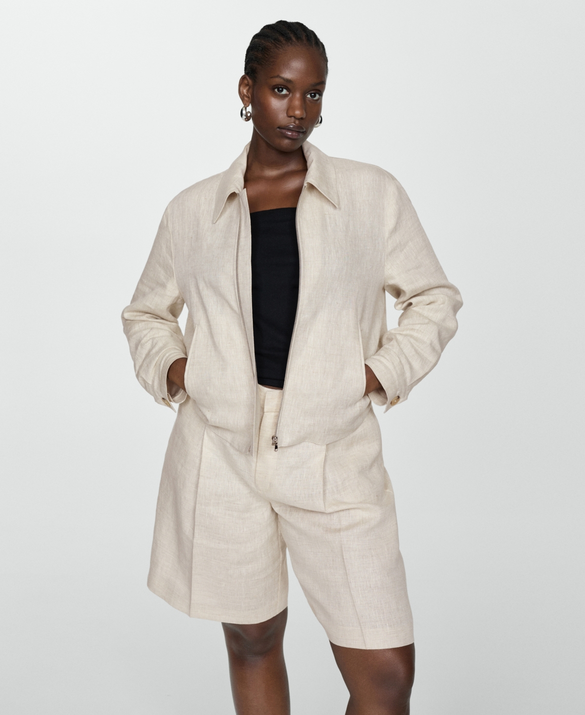 Shop Mango Women's Linen Zip Jacket In Light,pastel Gray