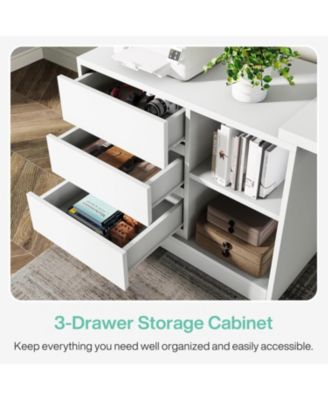 L-Shaped Computer Desk with Drawers and Shelves, Reversible White Corner Office Desk with Storage Cabinet, Study Writing Table for Home Office, Bedroom