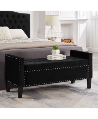 Upholstered Velvet Storage Bench with Nailhead Trim for Entryway, Bedroom & Living Room