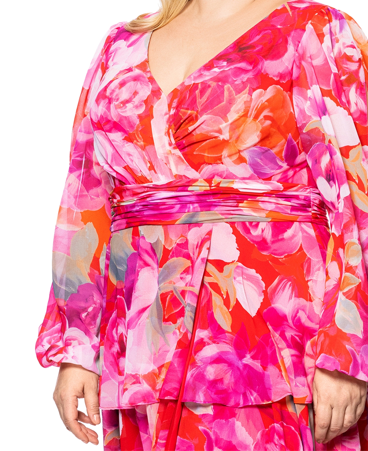 Xscape Plus Size Printed V-neck Tiered-ruffle Chiffon Dress In Red,fuchsia