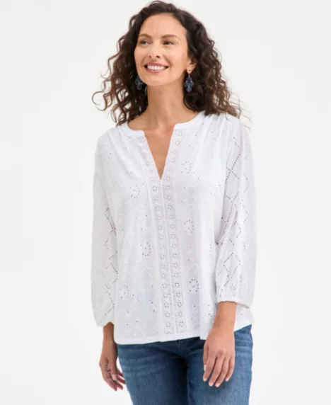 Petite Solid Knit Eyelet Top - Bright White