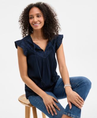 売れ筋商品|||スタイルアンドコー カットソー トップス レディース Women's Mixed-Media Lace-Trimmed Top, Created for Macy's Blue Fog Style & Co Women's Mixed-Media Lace-Trimmed Top, Created for