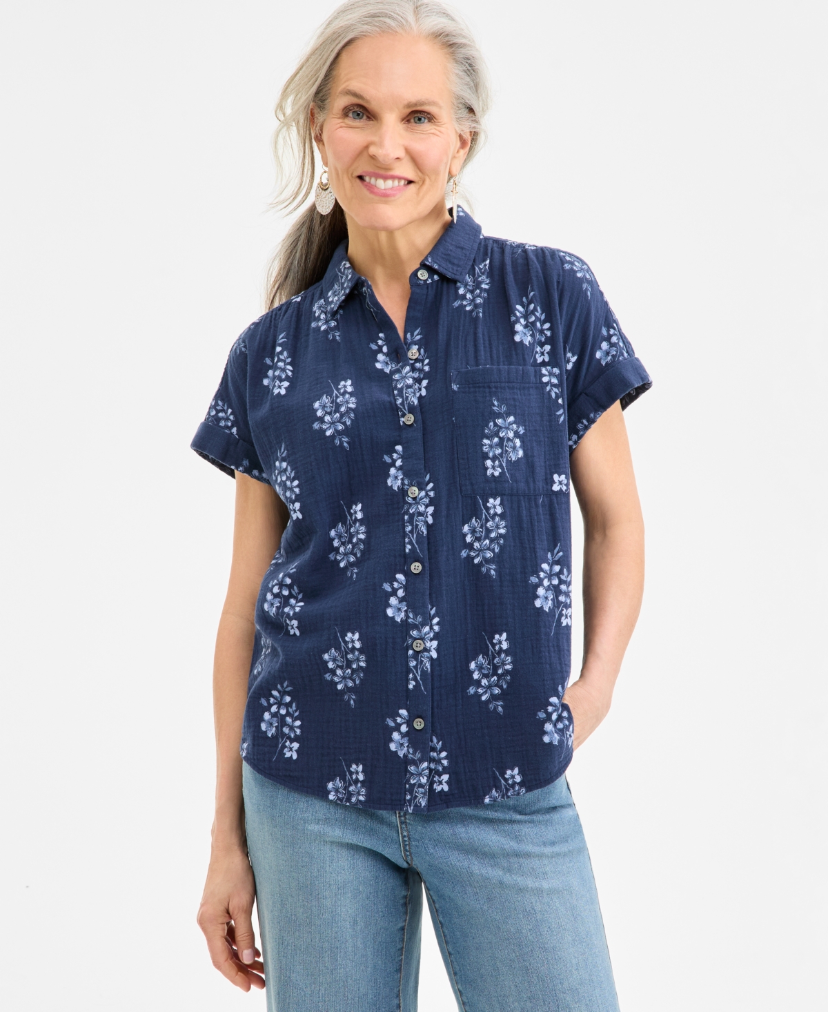 Women's Printed Cotton Gauze Camp Shirt, Exclusively at Macy's - Floral Indigo
