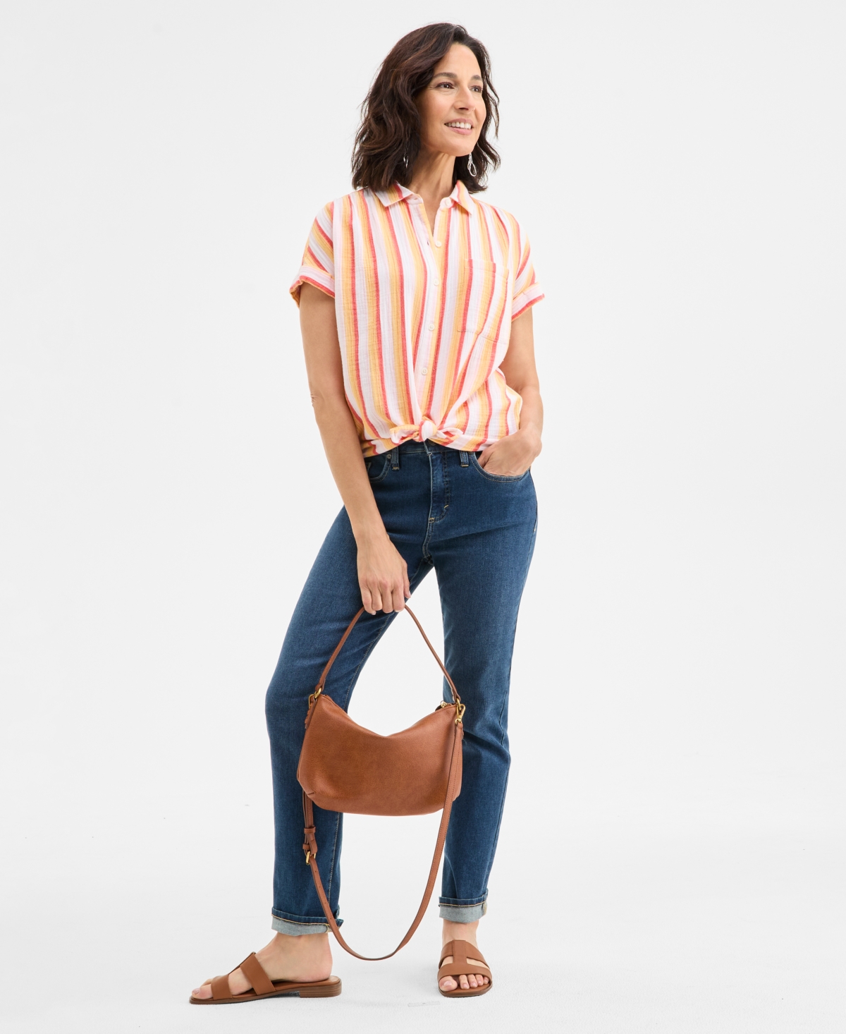 STYLE & CO PETITE PRINTED BUTTON-FRONT COTTON CAMP SHIRT, EXCLUSIVELY AT MACY'S 