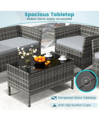 Set of 4 Furniture Set w/ Washable Cushions & Tempered Glass Coffee Table Patio