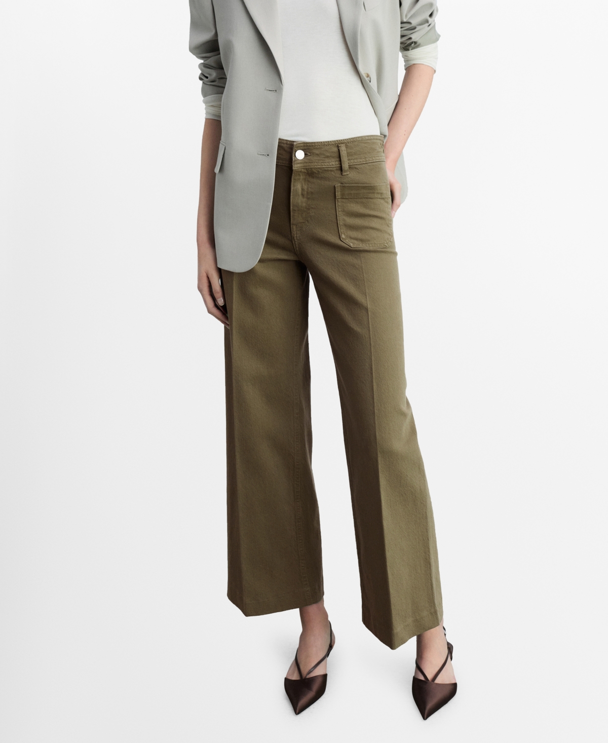 Mango Patch Pocket High Waist Wide Leg Jeans In Khaki