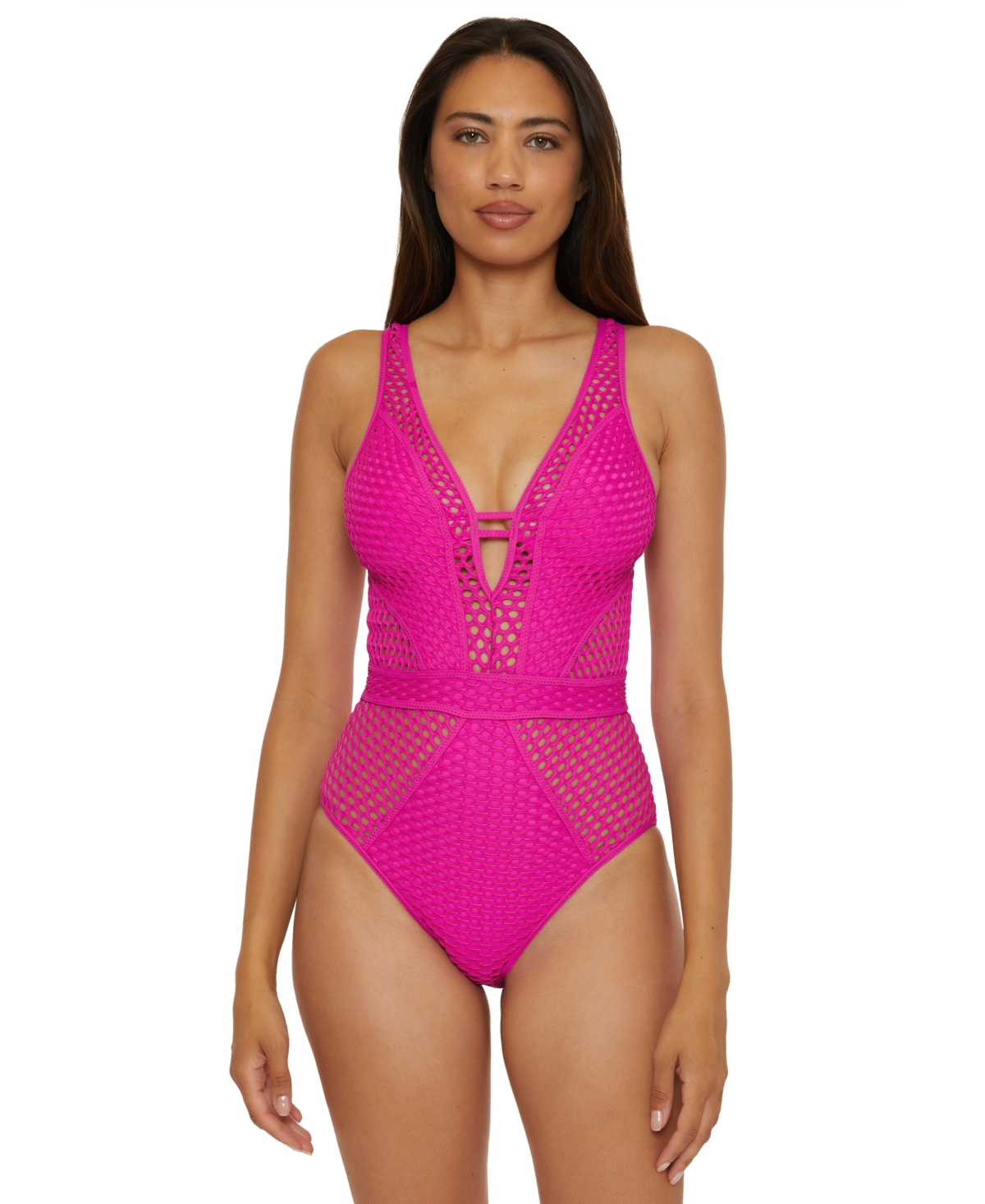 Women's Fishnet Plunge-Neck One-Piece Swimsuit - Azalea