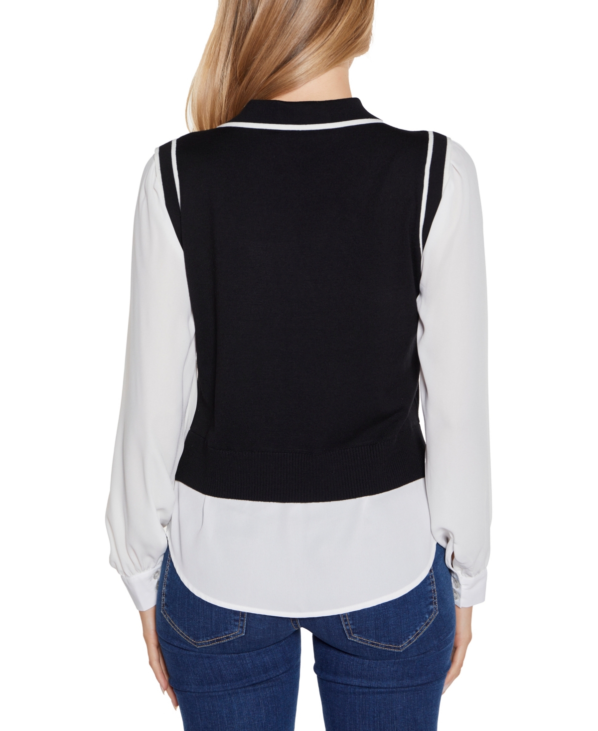 Shop Belldini Women's Collared Two-fer Sweater In Black,white