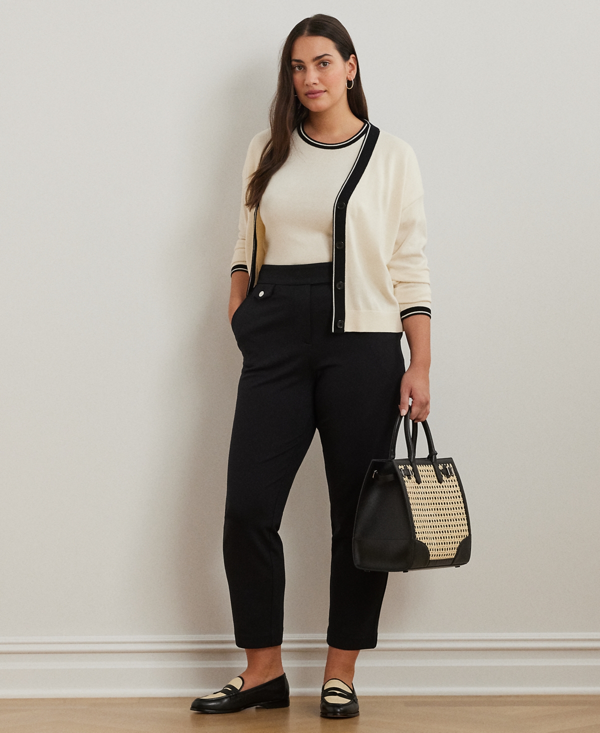 Shop Ralph Lauren Plus Size Two-tone Cotton-blend Cardigan In Mascarpone Cream Black