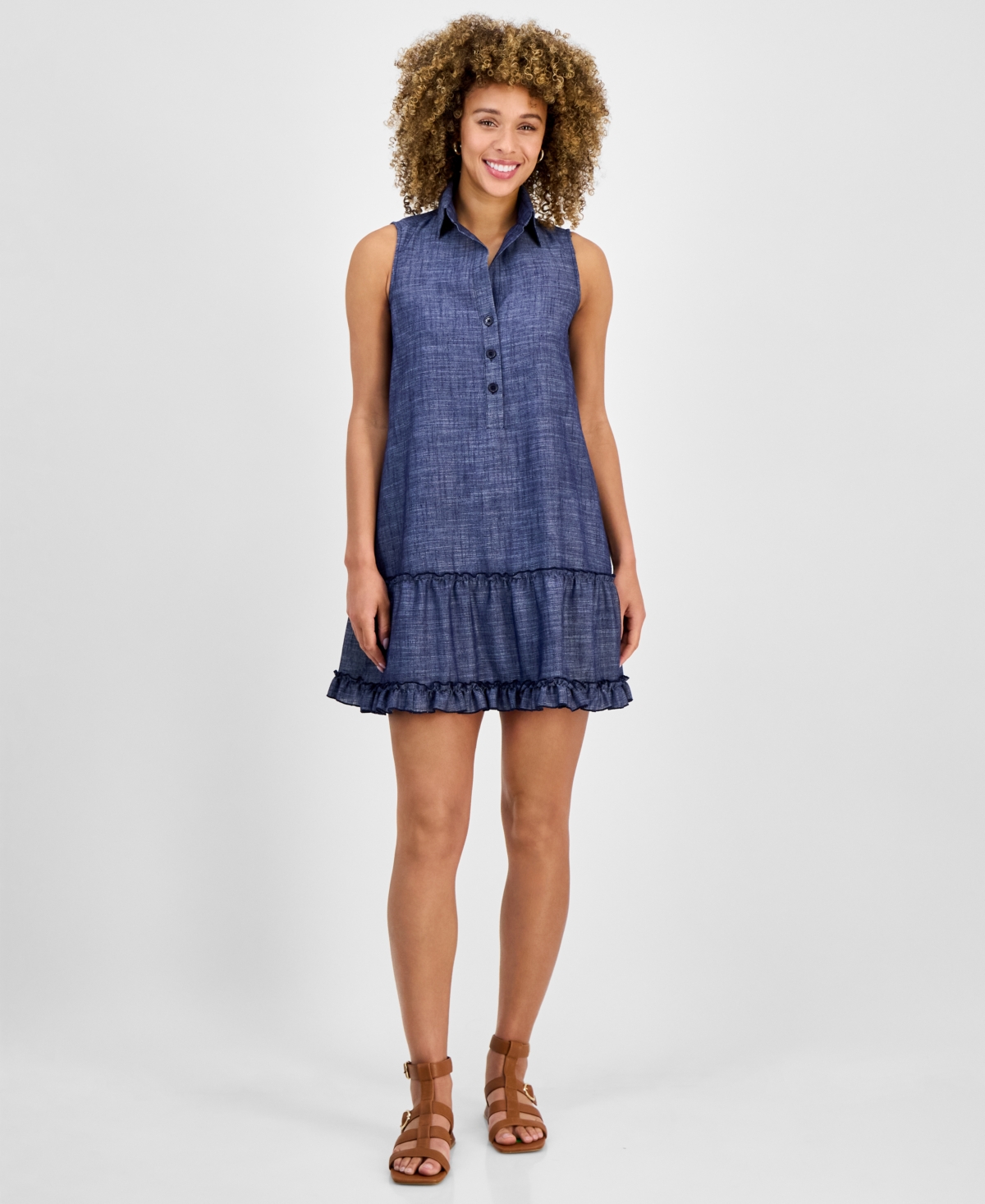 Women's Button-Front Ruffled-Hem Dress - Blue