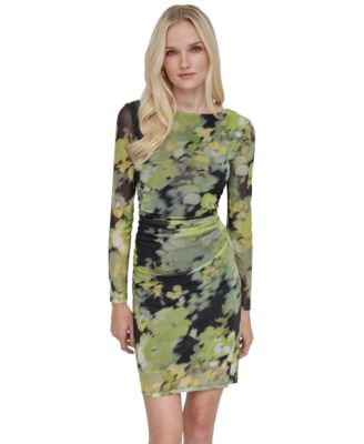DKNY Women's Printed-Mesh Ruched-Side Bodycon Dress