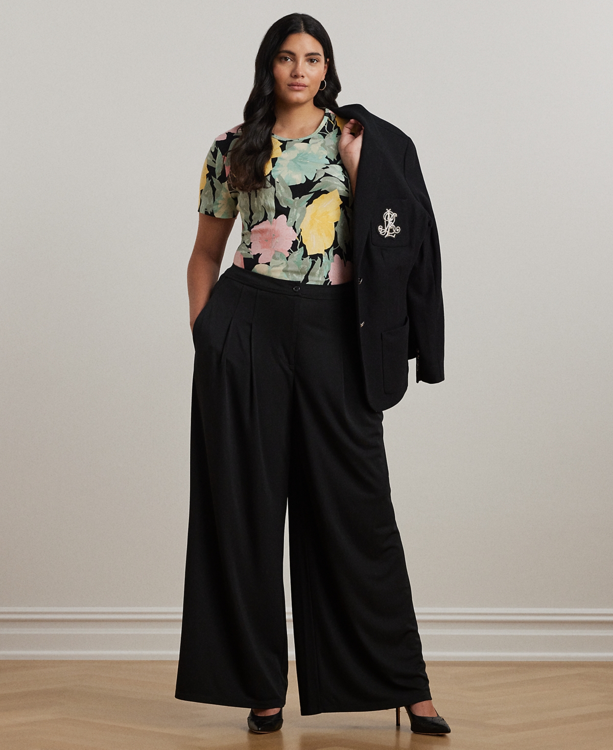 Shop Ralph Lauren Plus Size Floral Stretch Cotton Crewneck Tee In Black,pink,green