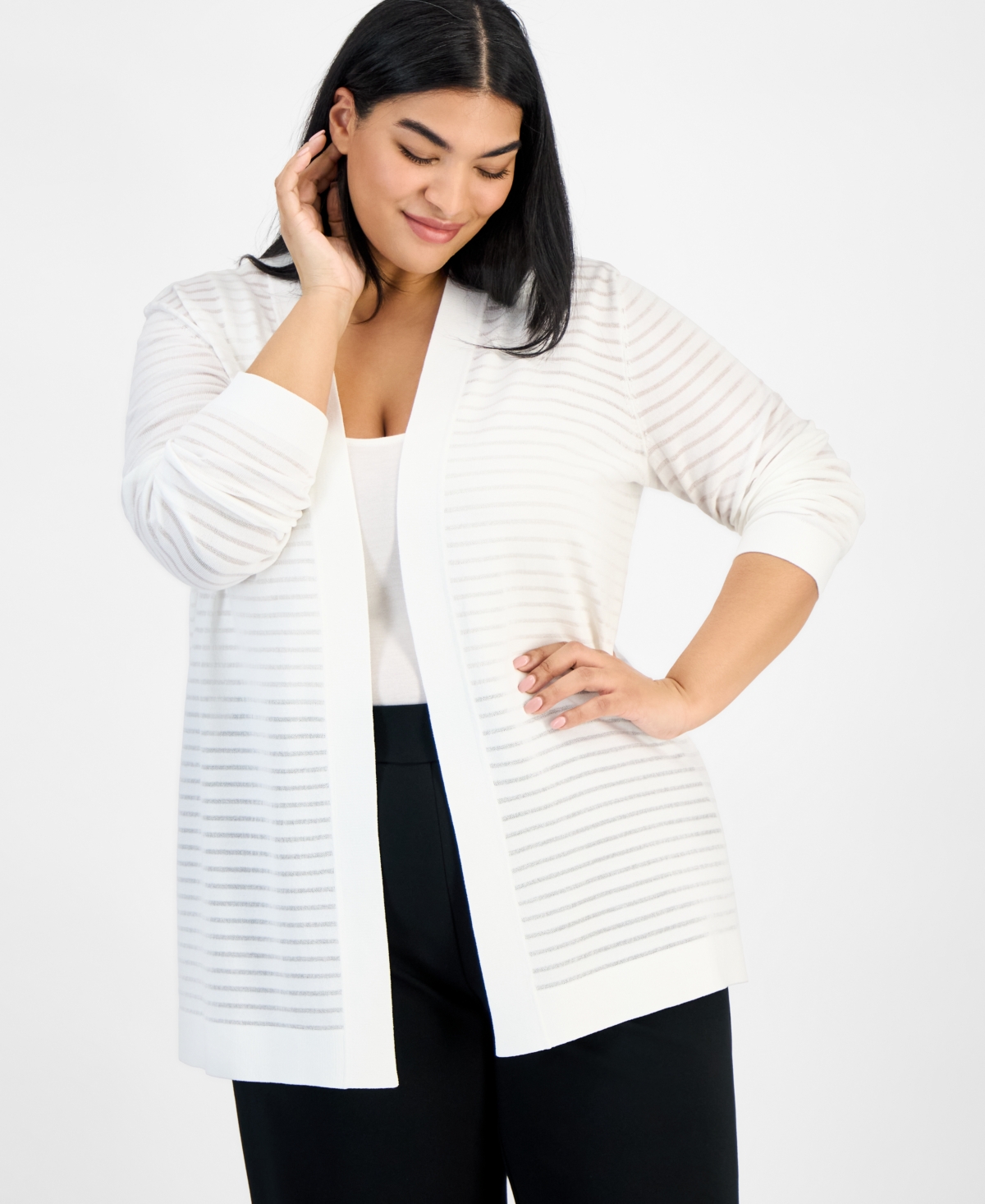 Anne Klein Plus Size Shadow-striped Open-front Cardigan In Bright White