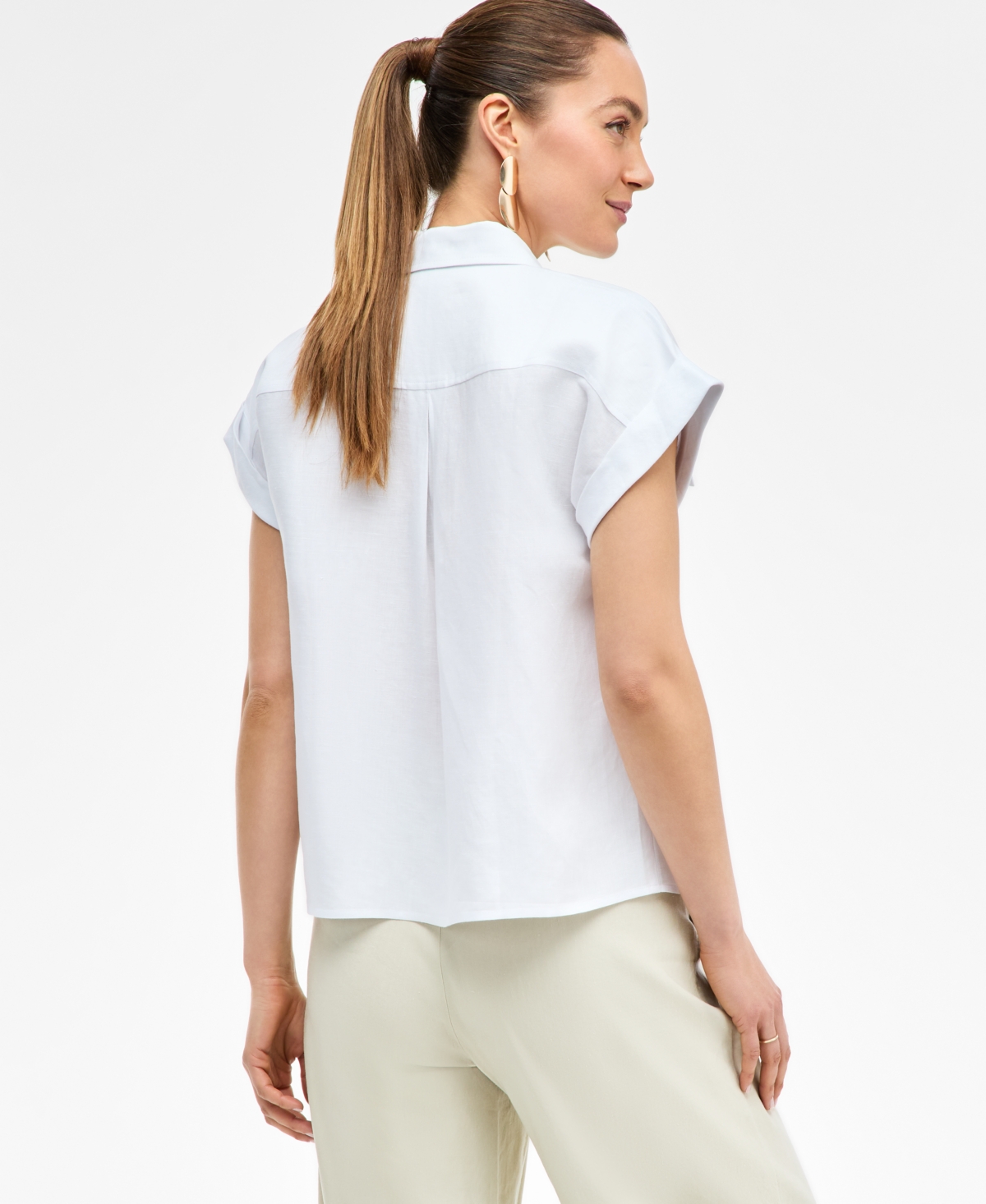 Inc International Concepts Womens Linen Blend Short Sleeve Blouse Xs Pxl Exclusively At Macys In White