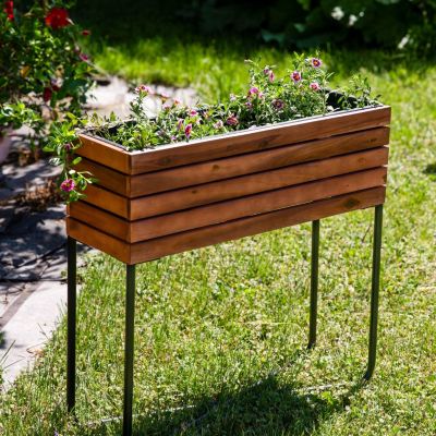 Acacia Wood Slatted Planter Box with Oil-Stained Finish - 23.5" H