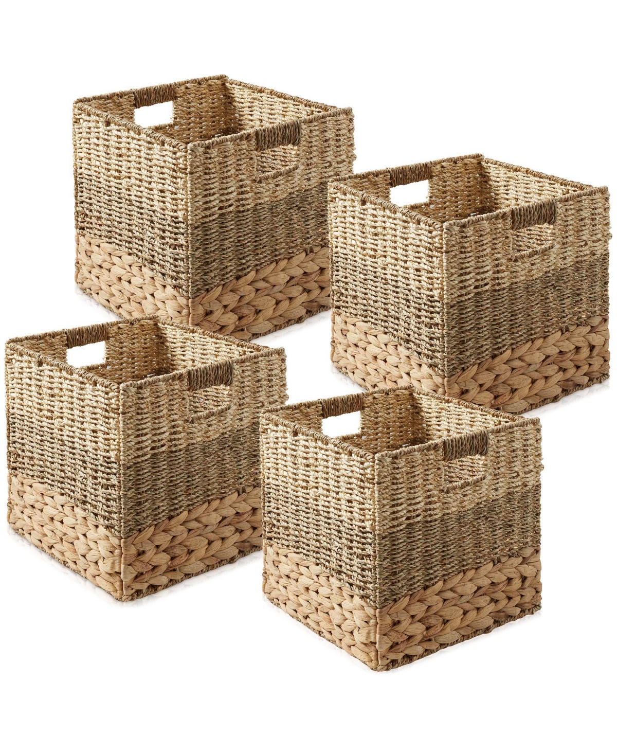 12&#x22; x 12&#x22; Mixed Weave Storage Baskets, Natural - Set of Collapsible Cubes, Woven Bin Organizers for Bathroom, Bedroom, Laundry - N