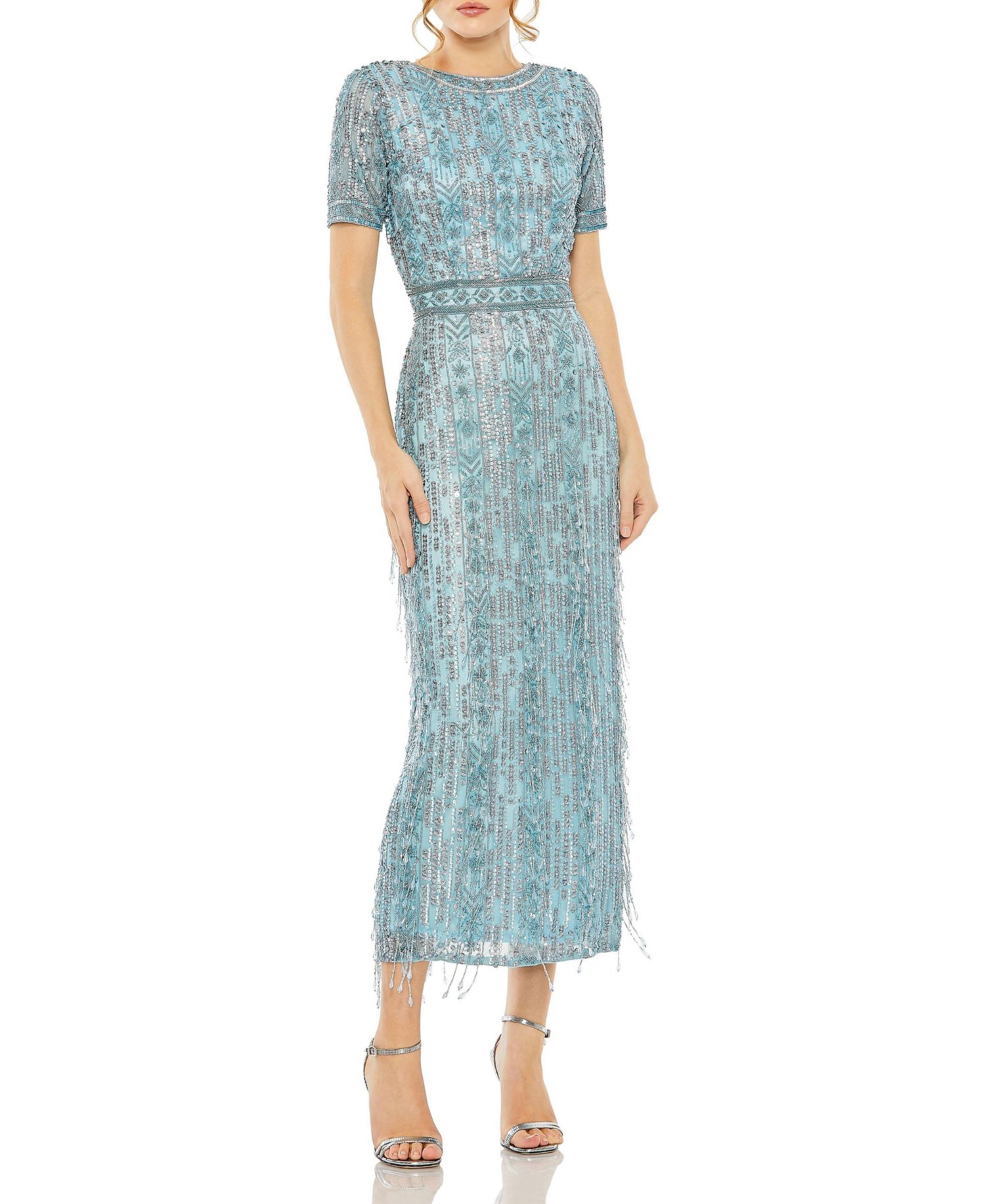 Women's High Neck Short Sleeve Crystal Fringe Column Dress