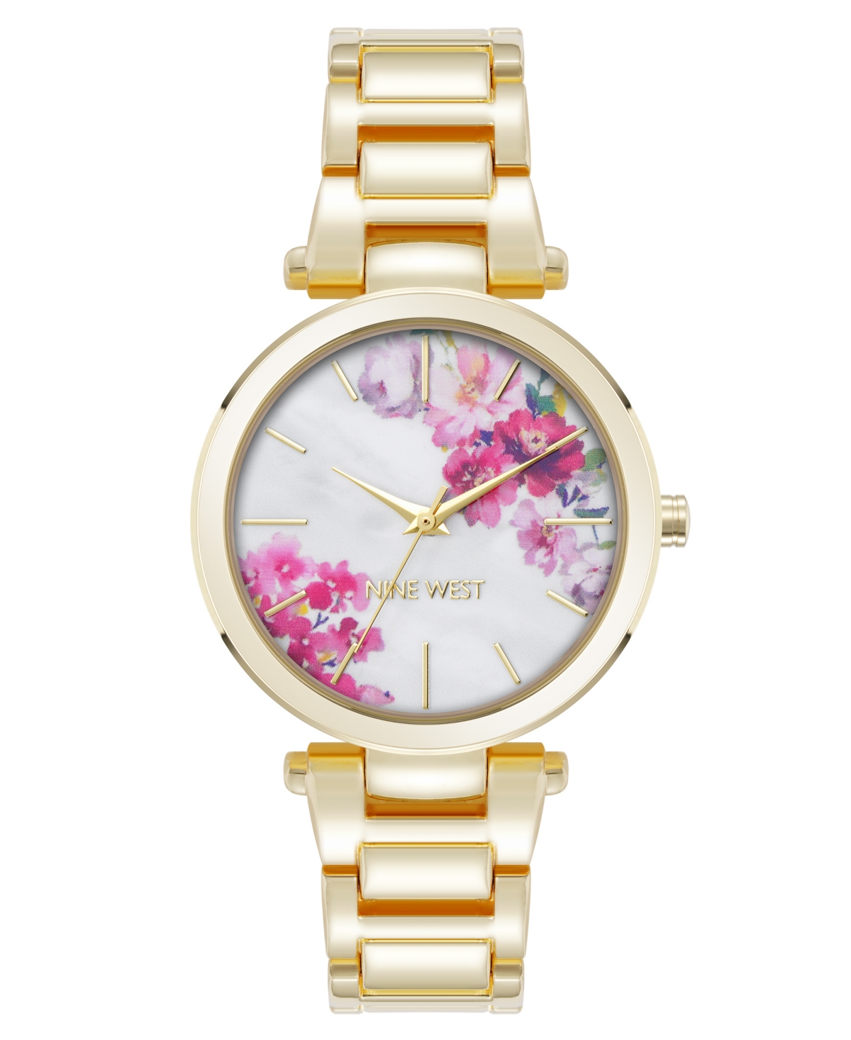Women's Quartz Gold-Tone Metal Alloy White Floral Dial Watch, 36mm - White, Gold-Tone