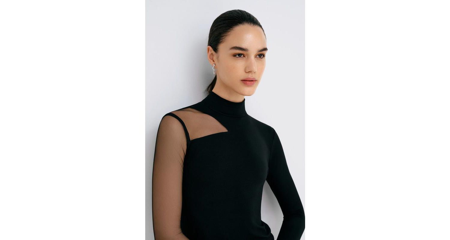 Women's Ysabel Mock-Neck Mesh-Sleeve Fitted Jersey Top