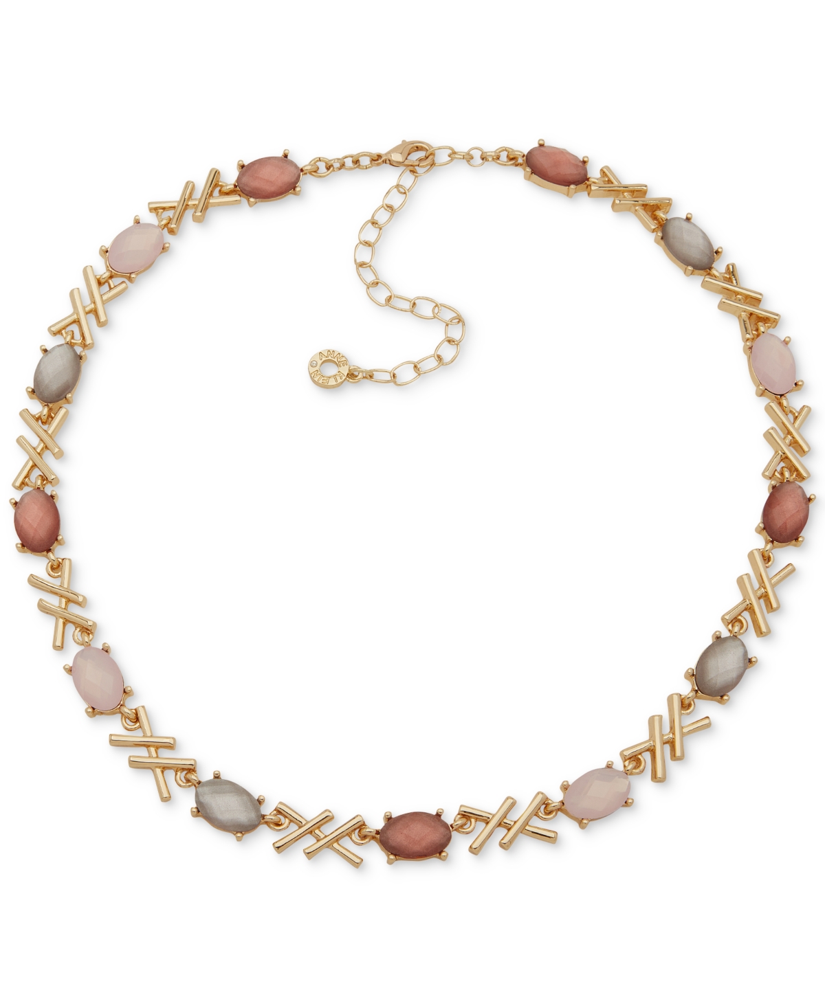 Gold-Tone Oval Stone Crisscross Collar Necklace, 16" + 3" extender - Pink