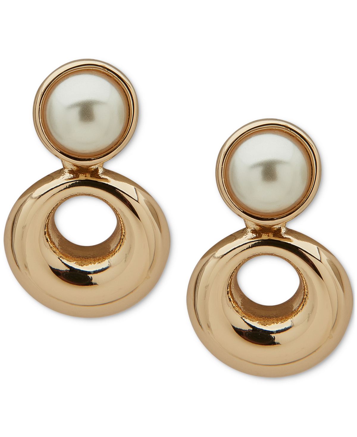Anne Klein Gold-tone Imitation Pearl Button Open Circle Drop Earrings In Pearl