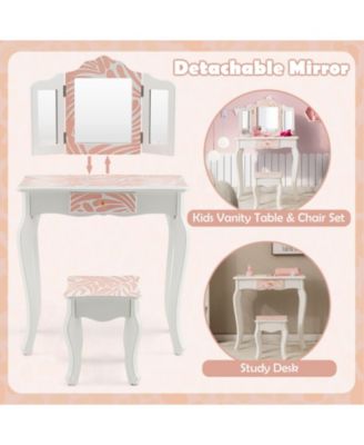 2-in-1 Kids Vanity Table Set with Tri-folding Mirror