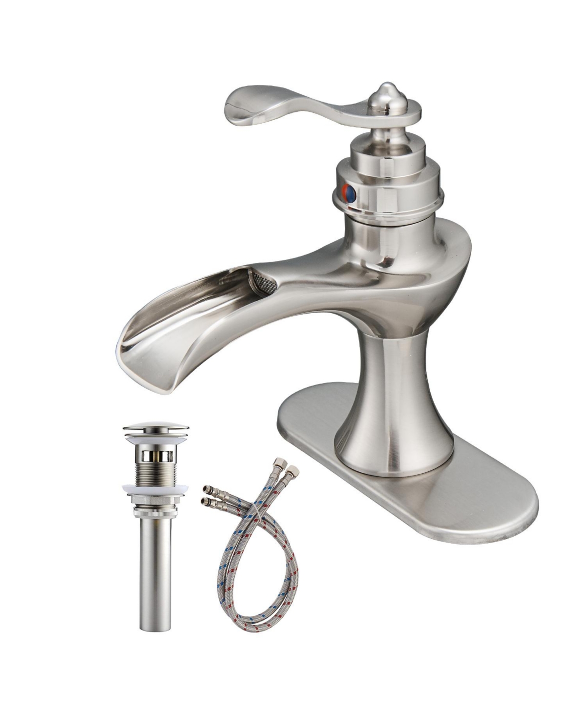 Waterfall Single Hole Single-Handle Low-Arc Bathroom Faucet With Pop-up Drain Assembly - Brushed nickel