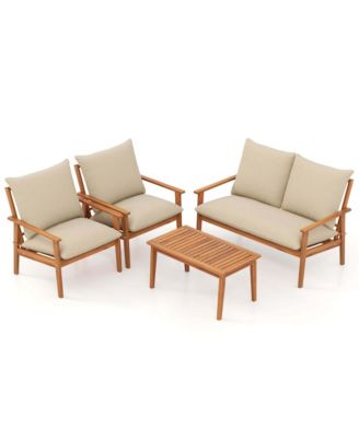Set of 4 Patio Acacia Wood Furniture Set w/ Soft Cushions & Coffee Table