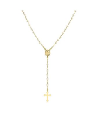Dainty Religious Guardian Angel Rosary Necklace with White Simulated Pearls Gold Plated Brass