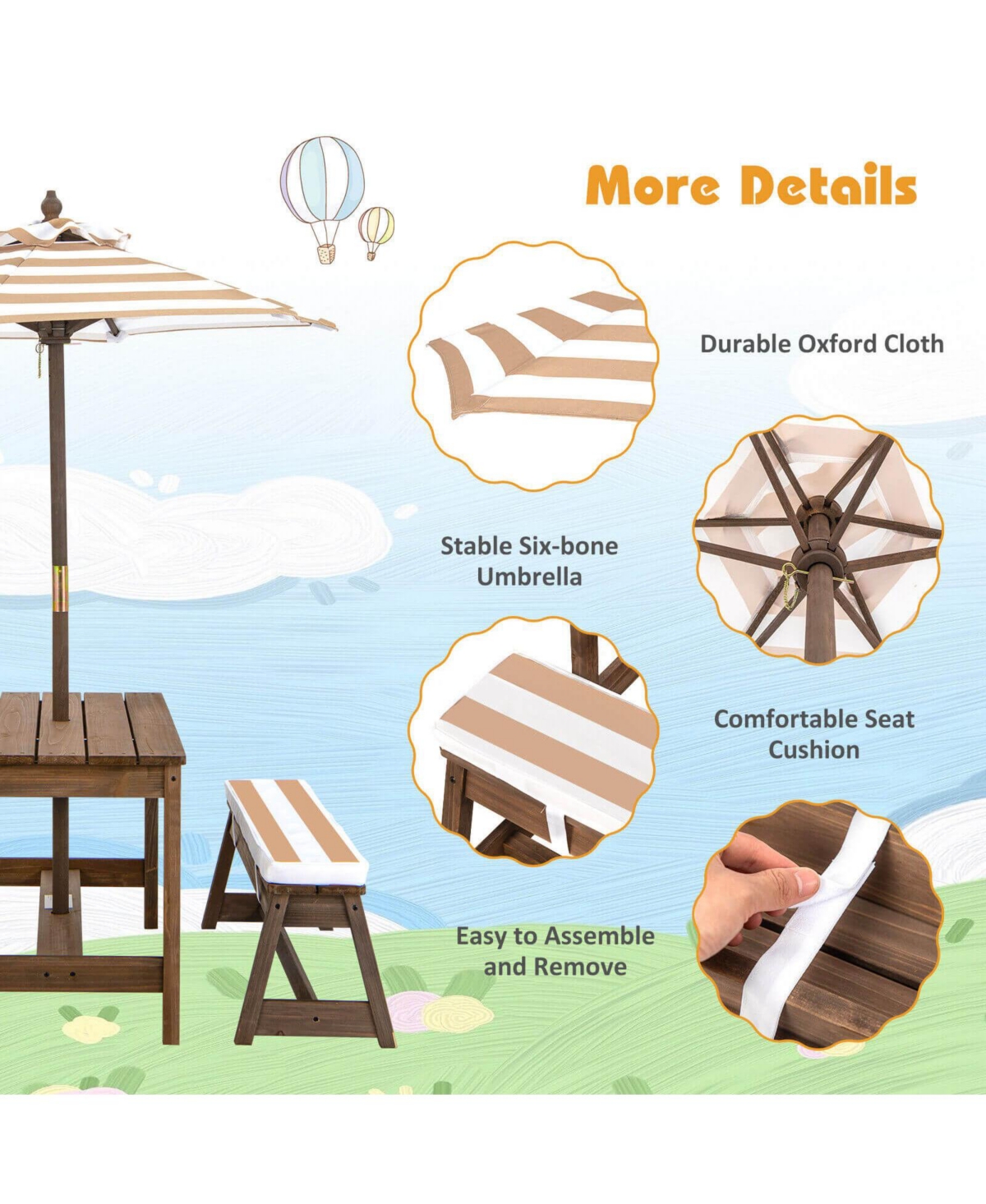 Kids Picnic Table and Bench Set with Cushions and Height Adjustable Umbrella