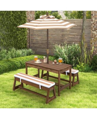 Kids Picnic Table and Bench Set with Cushions and Height Adjustable Umbrella