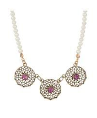 Faux Cultivated Pearl Purple Crystal Filigree Flower Necklace