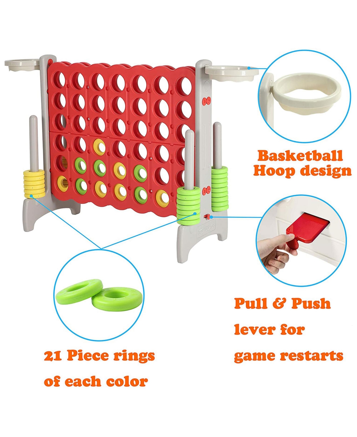Sdadi Giant 33 Inch 4-In-a-Row Hoop Connect Strategy Game and Basketball Indoor/Outdoor Family Fun Board for Toddlers, Kids, Adults, Gray and Red