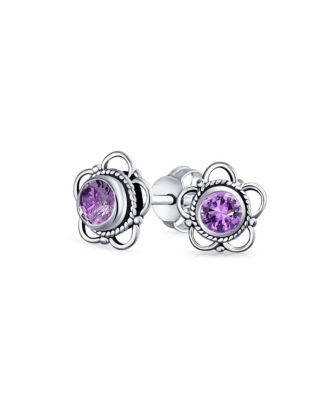Flower Shape Red Garnet CZ Stud Earrings .925 Sterling Silver