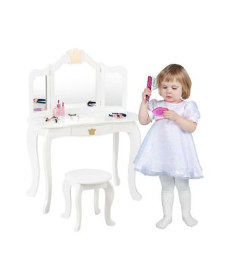 Kids Makeup Dressing Table with Tri-folding Mirror and Stool