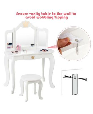 Kids Makeup Dressing Table with Tri-folding Mirror and Stool