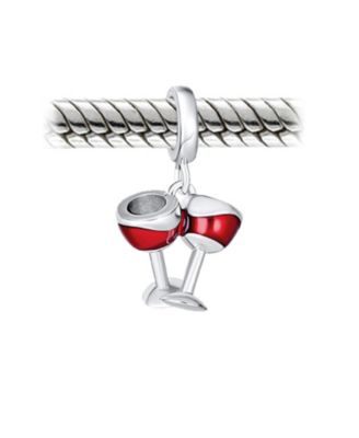 Celebration Toast Red Wine Glass Charm Bead Enamel Sterling Silver Bracelet