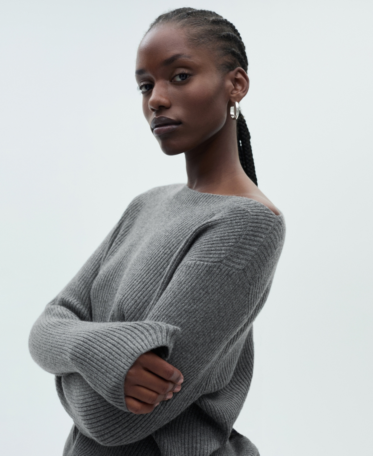 Mango Boat Neck Rib Sweater In Charcoal