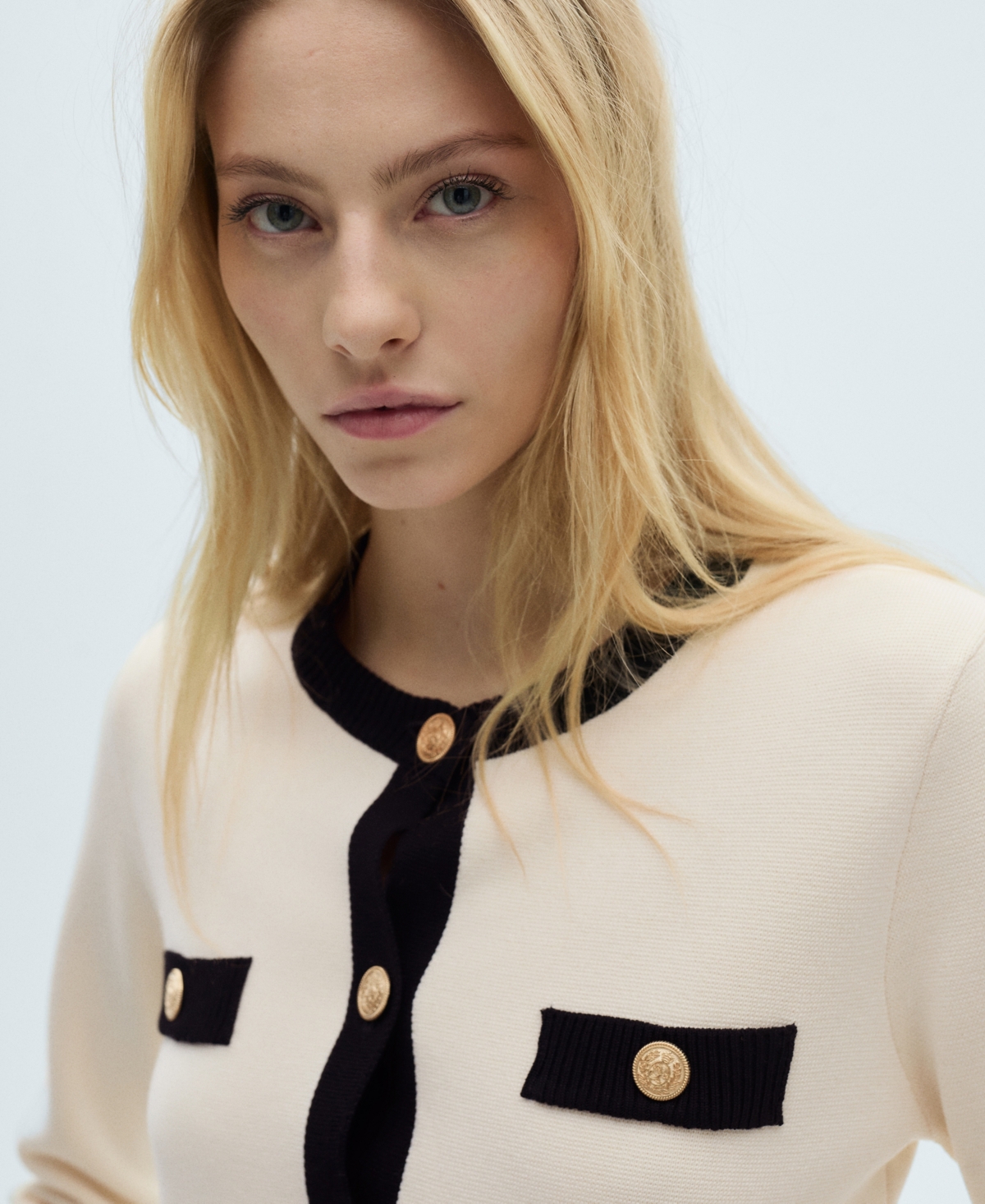 Mango Contrast Trim Short Sleeve Cardigan In Ecru